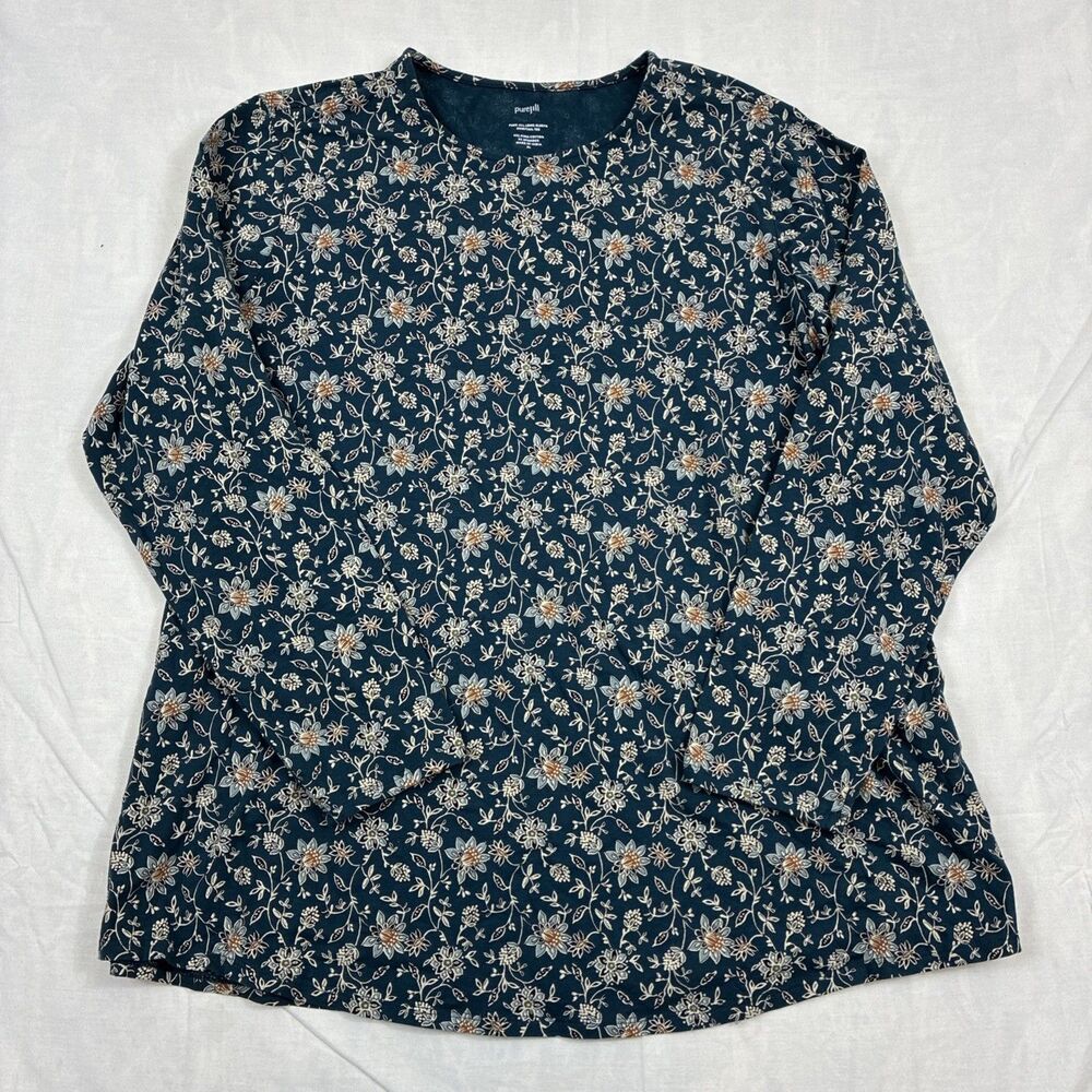J.Jill  Purejill Women's Blue Floral Long Sleeve Shirttail T-Shirt - Xl